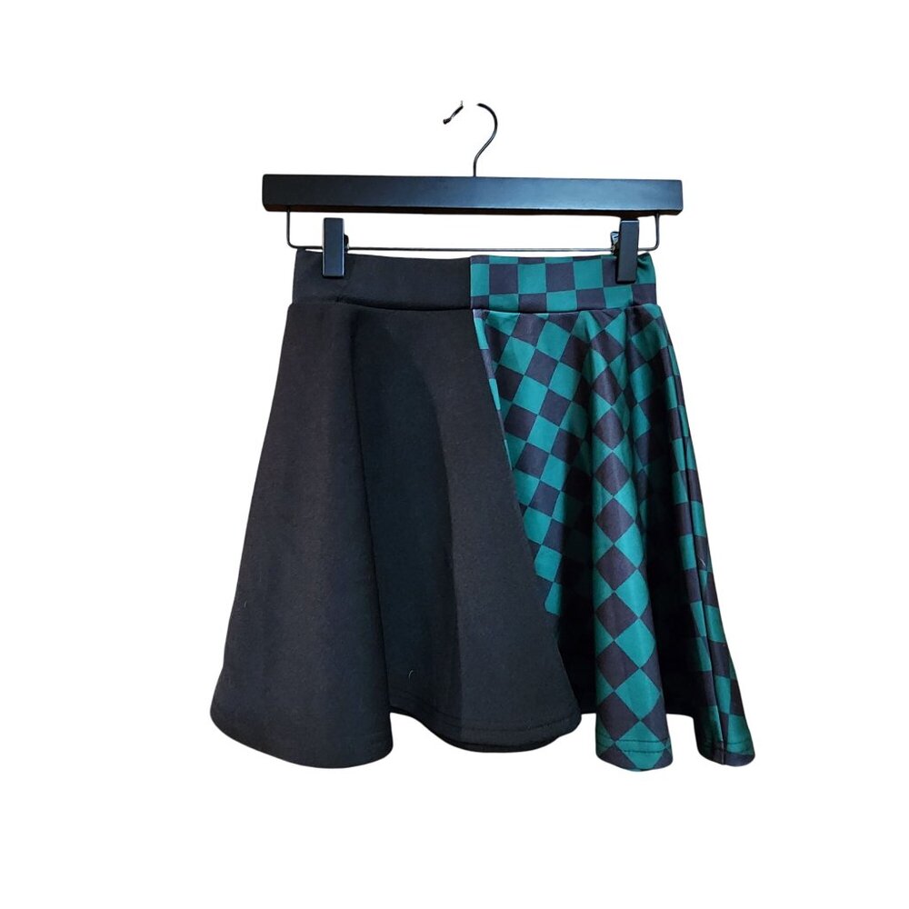 Black & Green Checkered Flared Skater Skirt S
